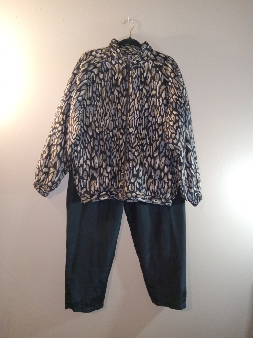 Silk Track Suit, Leopard Print-Black Pants